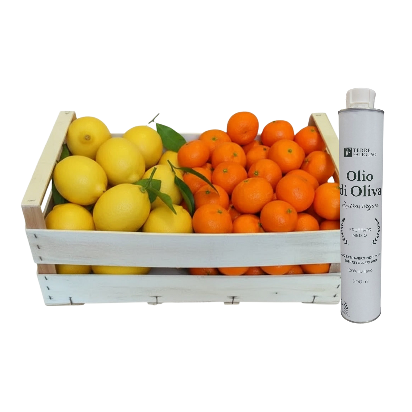 Confezione Mista da 14 kg di Mandarini Tang Gold Pugliesi, Limoni Pugliesi Primofiore Femminello e Lattina da 500 ml di Olio extra vergine di Oliva Pugliese