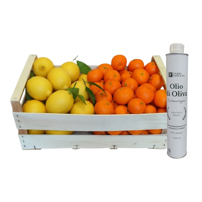 Confezione Mista da 14 kg di Mandarini Tang Gold Pugliesi, Limoni Pugliesi Primofiore Femminello e Lattina da 500 ml di Olio extra vergine di Oliva Pugliese