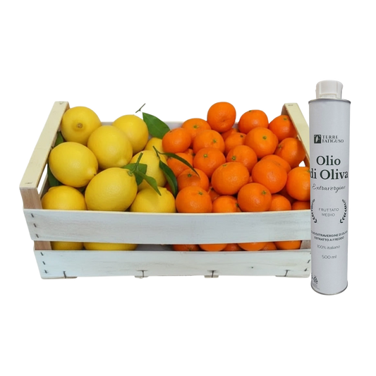Confezione Mista da 14 kg di Mandarini Tang Gold Pugliesi, Limoni Pugliesi Primofiore Femminello e Lattina da 500 ml di Olio extra vergine di Oliva Pugliese
