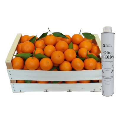 Confezione Mista da 14 kg di Mandarini Tang Gold Pugliesi e Lattina da 500 ml di Olio extra vergine di Oliva Pugliese