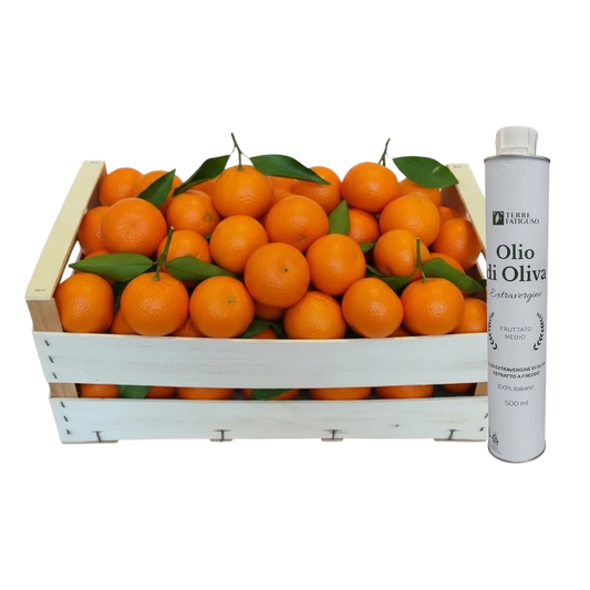 Confezione Mista da 14 kg di Mandarini Tang Gold Pugliesi e Lattina da 500 ml di Olio extra vergine di Oliva Pugliese