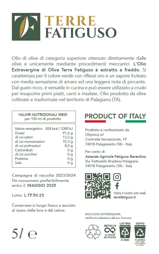 etichetta olio extravergine oliva pugliese terrefatiguso 5 litri EVO 
